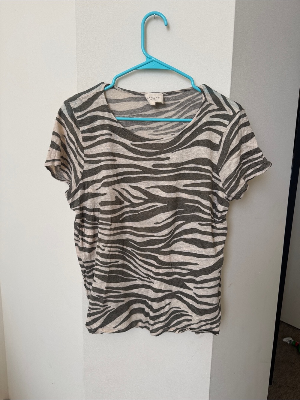 Sezane Zebra-Print Short Sleeve Tee in Green and Cream